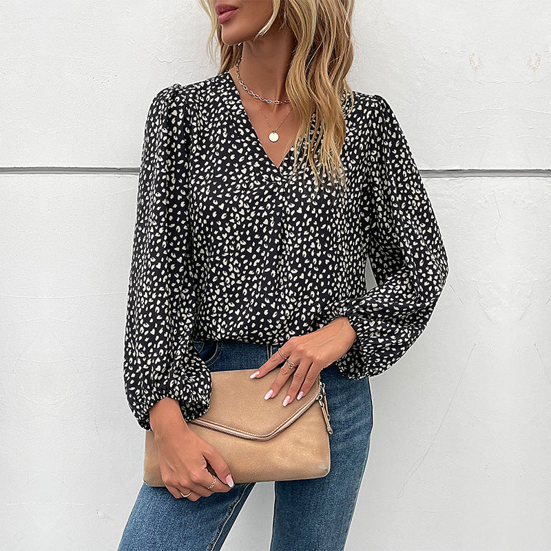 LOVEVOP Cross-border  popular spring and summer Popular trade 2025 commuter tops long-sleeved V-neck leopard print design shirts women