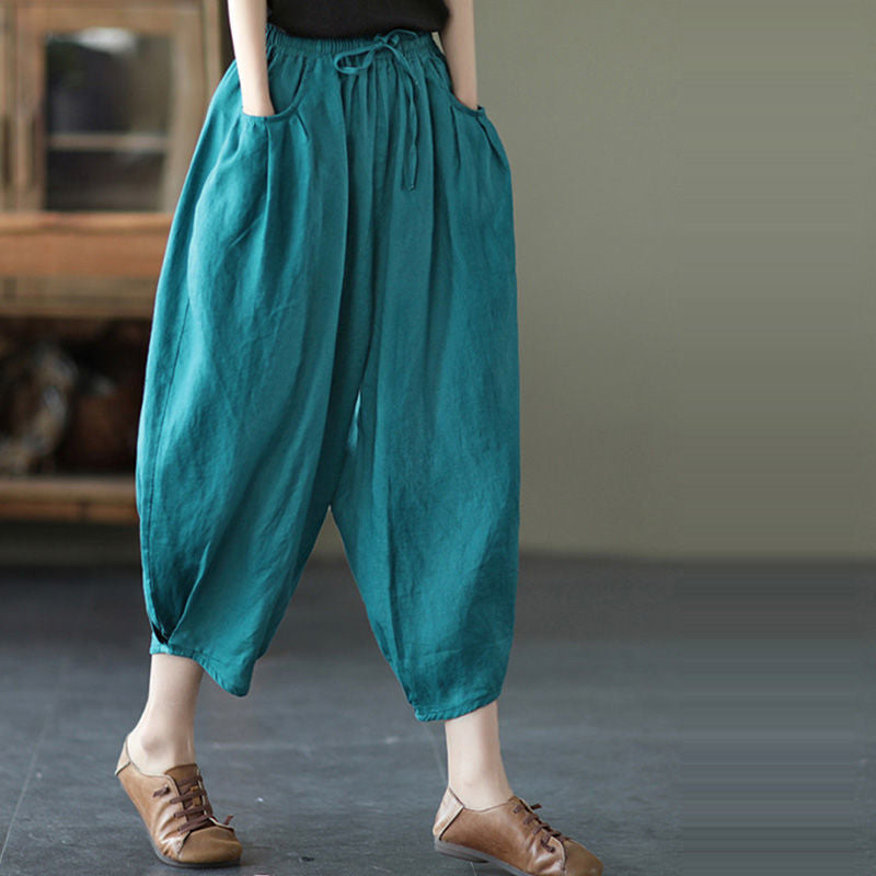summer new Korean version of Popular style solid color simple large size loose and thin casual versatile nine-point Harlan pants women