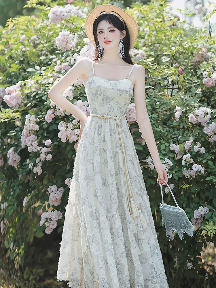 Coffee Break  Floral Dress Salt Sweet Seaside Holiday Beach Dress Suspender Skirt Outer Cardigan Set