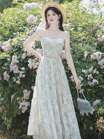 Coffee Break  Floral Dress Salt Sweet Seaside Holiday Beach Dress Suspender Skirt Outer Cardigan Set