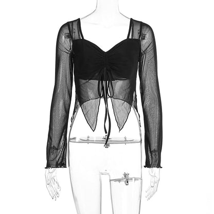 LOVEVOP 2025 cross-border women's clothing Hot autumn and winter new sexy exposed navel mesh yarn strap drawstring short long-sleeved halter top