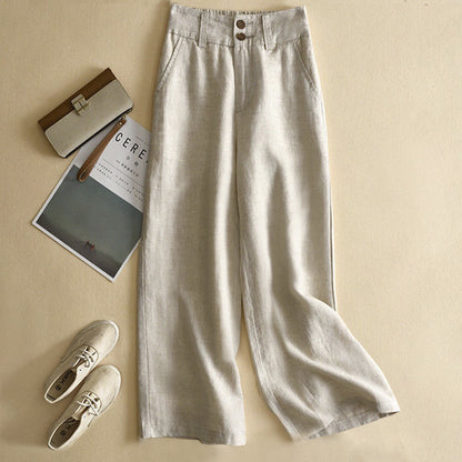 Large size wide-leg pants women's high waist drape  summer new loose casual and thin cotton and linen nine-point straight-leg pants