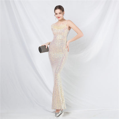31831 #Hot Trade New Craft Ostrich Hair High-end Symphony Bead Evening Dress Banquet Party Dress