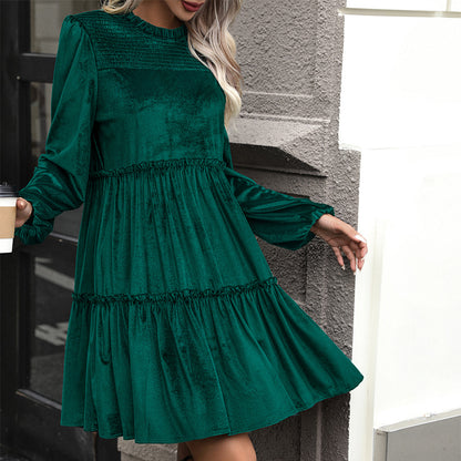 LOVEVOP Europe and the United States cross-border new long-sleeved solid color dress dark green velvet mid-skirt ruffle edge women's skirt