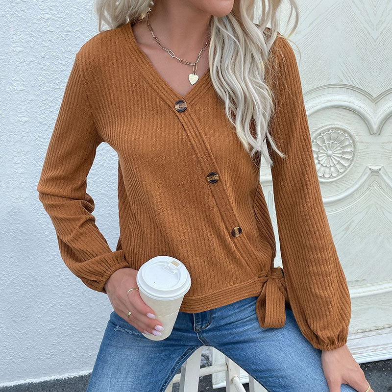 LOVEVOP New New Product popular Autumn Model Middle East Pullover Women's Top Long Sleeve Button Pit Strip Bottom Knitted Sweater