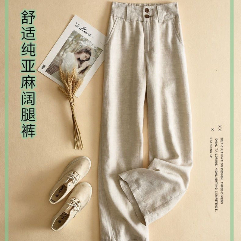 Large size wide-leg pants women's high waist drape  summer new loose casual and thin cotton and linen nine-point straight-leg pants