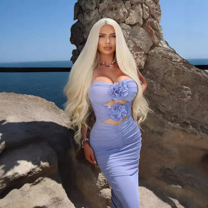 LOVEVOP popular  blue-purple mesh elegant three-dimensional flower dress women's fashion evening dress wholesale tube top skirt