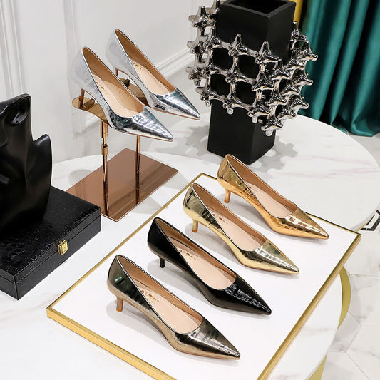 2025 1961-17  style metal embossed fine heel middle heel light mouth pointed retro women's shoes banquet spring and autumn single shoes