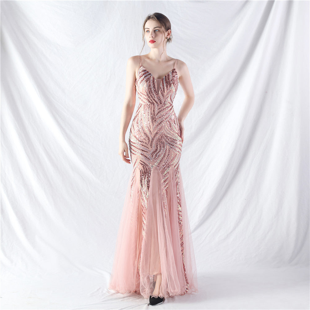 31903 #Hot trade new product laminated bead splicing mesh suspender evening dress