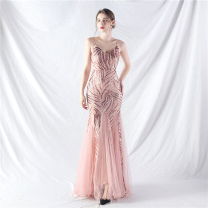31903 #Hot trade new product laminated bead splicing mesh suspender evening dress