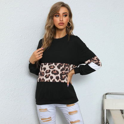LOVEVOP  Popular trade women's clothing popular autumn 2025 contrasting color pullover top round neck fashion street leopard print splicing sweater
