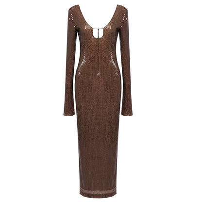 LOVEVOP popular winter new brown long-sleeved hanging bell low-cut long bead skirt  dress temperament with women's clothing