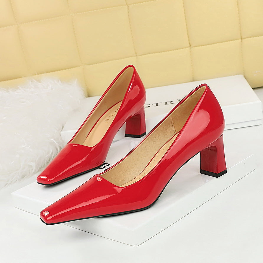 2025 6186-1  style fashionable and simple high heel thick heel light mouth square head bright patent leather commuting versatile women's shoes single shoes