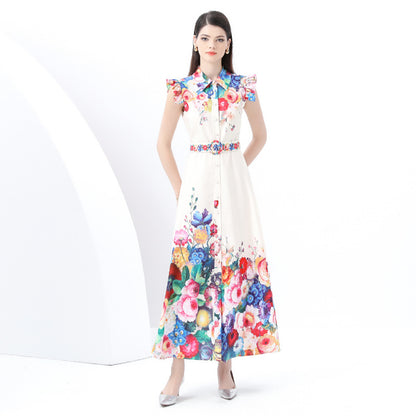 spring new retro court style small flying sleeves waist lapel single-breasted cardigan printed long dress