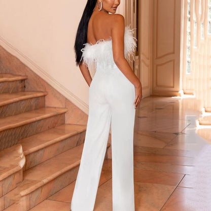 2025 New spring and summer new 2025 women's clothing feather tube top solid color pants one-word shoulder backless sexy jumpsuit