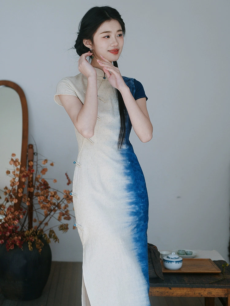 Republic of China style women's clothing new Chinese style beautiful cheongsam women daily can wear elegant gradual change blue retro cotton and linen dress