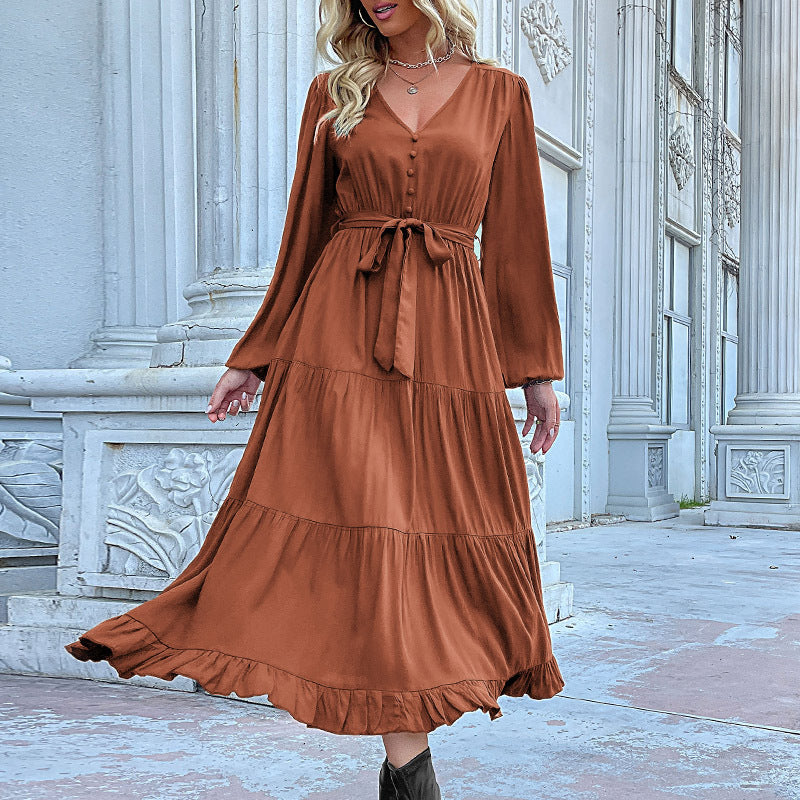 LOVEVOP Hot autumn and winter new  independent station cross-border 2025 foreign trade women's long-sleeved pleated splicing dress