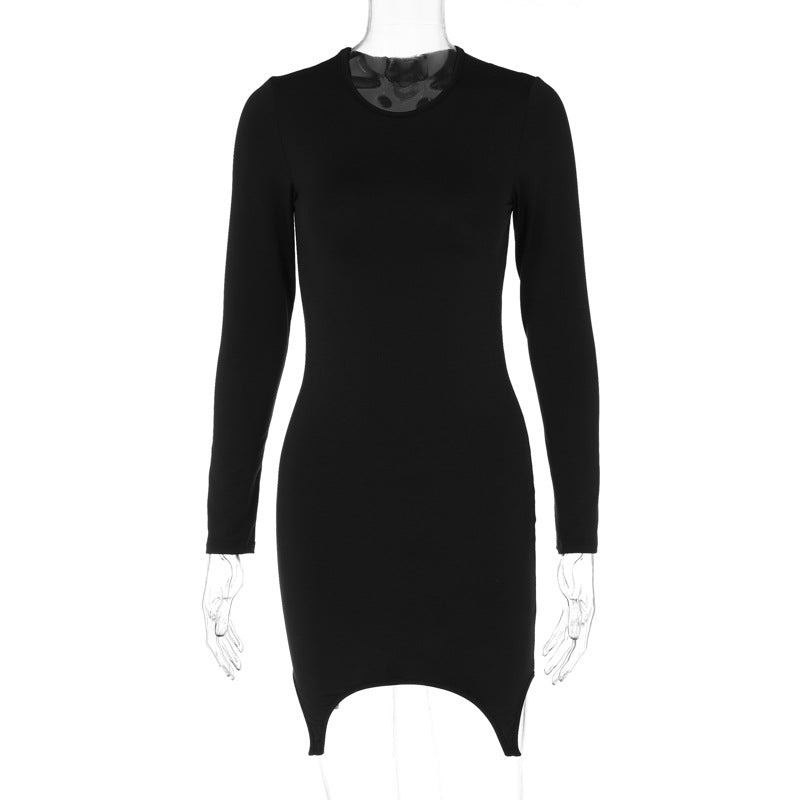 LOVEVOP 2025 cross-border women's clothing Hot summer new fashionable solid color sexy round neck tight long-sleeved hip-wrapped dress