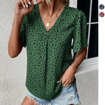 LOVEVOP New Cross-border popular Summer New 2025 Women's Clothing Pullover Top Leopard Print V-Neck Shirt