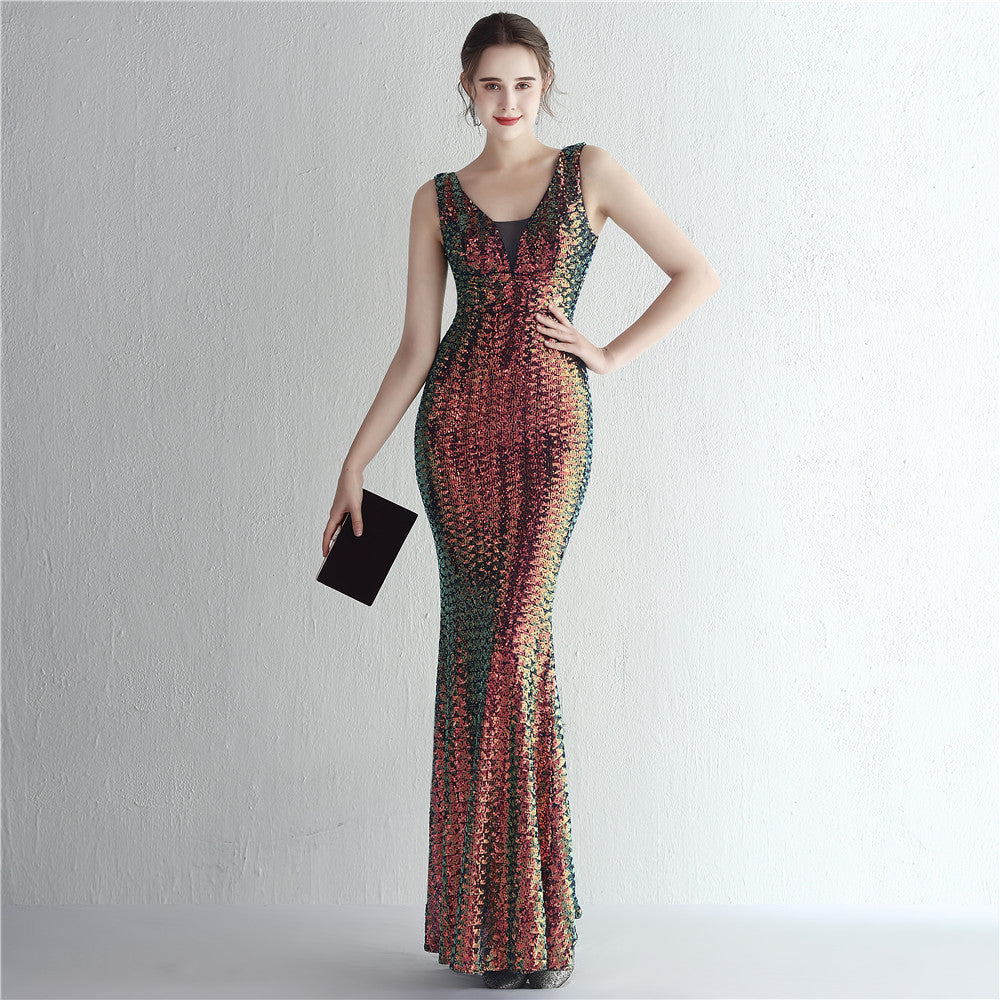 19153 #New Symphony Beads Shoulder Deep V Celebrity Banquet Temperament Long Sequin Aura Queen Fishtail Dress