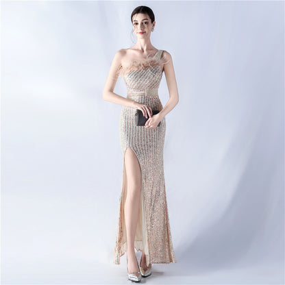 33011 #Popular trade dress heavy industry beaded hair single shoulder oblique collar high fork sequined dinner dress
