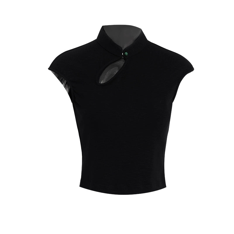 APOZi collection new Chinese stand-up collar short sleeve summer retro flying sleeve hollow top