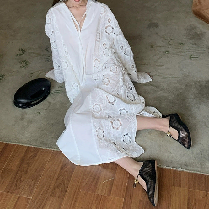 2025 Heavy industry engraved lace embroidered shirt skirt women's autumn loose design dress