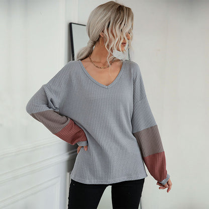 LOVEVOP New  Hot Trade popular New 2025 Autumn Color Matching Long Sleeve Gray V-Neck Knitted Sweater