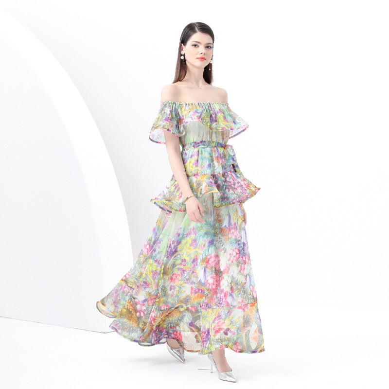 style sexy one-word shoulder chiffon printing high-end three-dimensional ruffle edge waist thin dress vacation dress