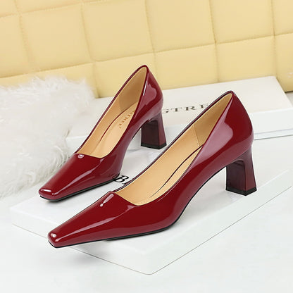 2025 6186-1  style fashionable and simple high heel thick heel light mouth square head bright patent leather commuting versatile women's shoes single shoes