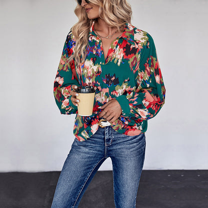 LOVEVOP Hot Trade Hot Autumn New Shirt Casual Flower Shirt Lapel Long Sleeve Top Button Printed Shirt