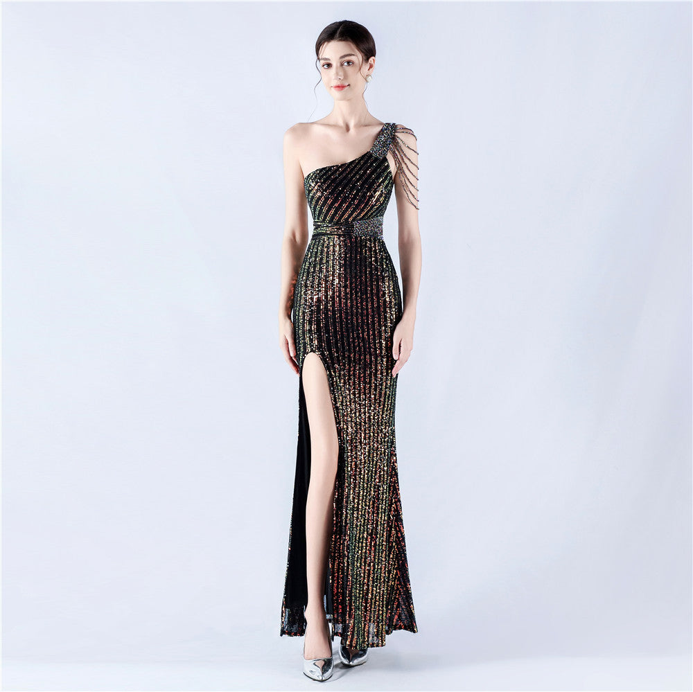 33010 #Popular trade dress heavy industry beaded single shoulder oblique collar high fork sequined dinner dress