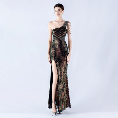 33010 #Popular trade dress heavy industry beaded single shoulder oblique collar high fork sequined dinner dress