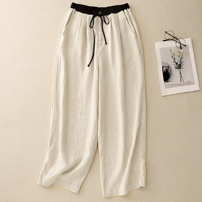 spring and summer high waist loose drape long straight pants cotton and linen versatile pants elastic pants belt drawstring