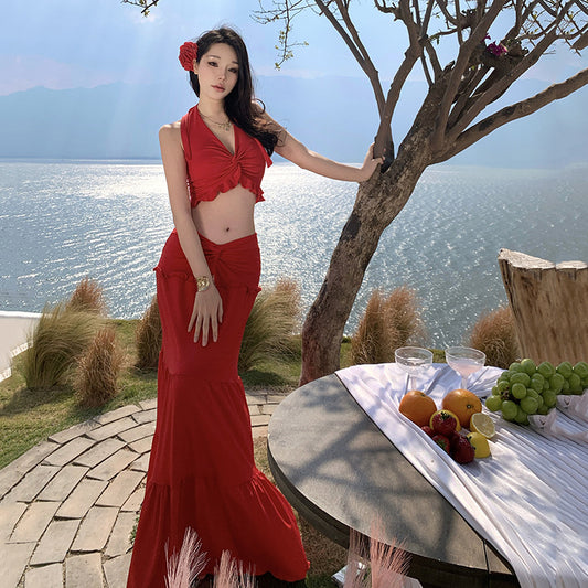 Spice Girl Vacation Style Sexy Suit Women's Red V-Neck Neck Lotus Leaf Edge Swing Skirt Two-piece Summer Set