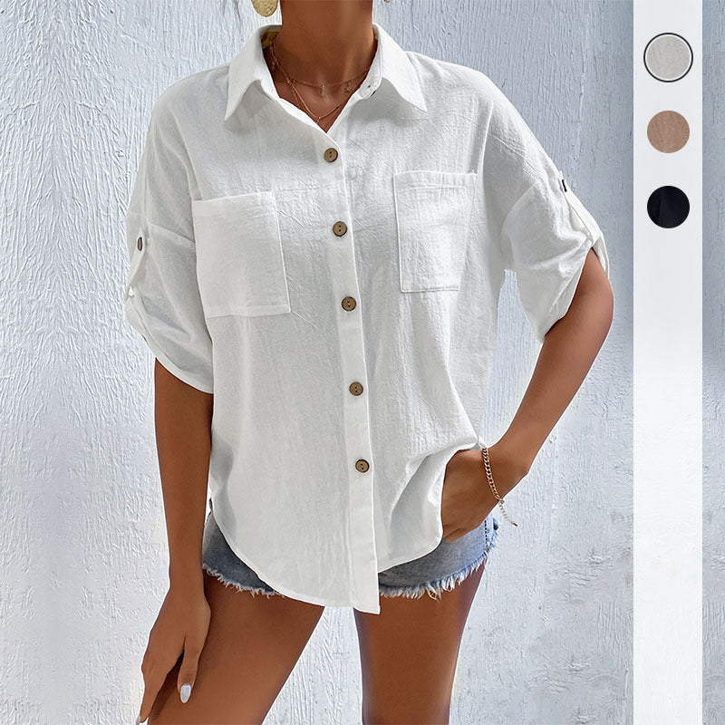 LOVEVOP New popular new summer 2025 Popular trade button-up cardigan top short-sleeved pocket lapel shirt