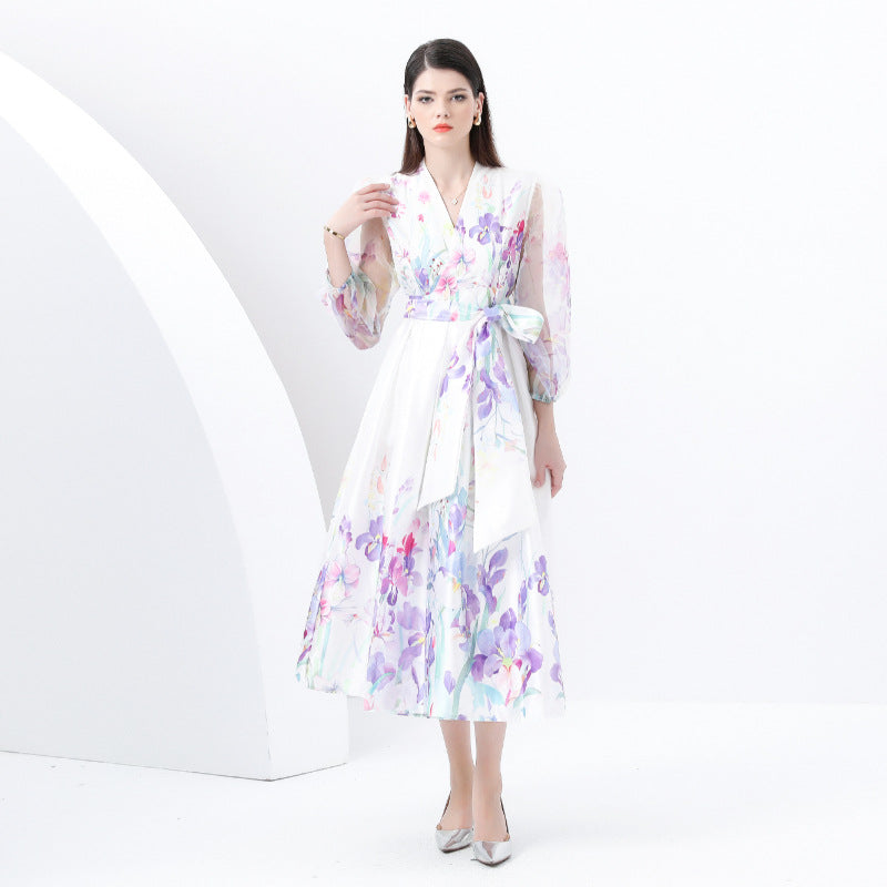 style New Popular trade women's fashion printed dress, socialite waist lantern sleeve big swing elegant long dress