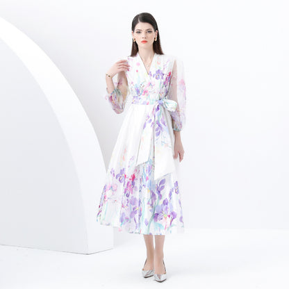 style New Popular trade women's fashion printed dress, socialite waist lantern sleeve big swing elegant long dress