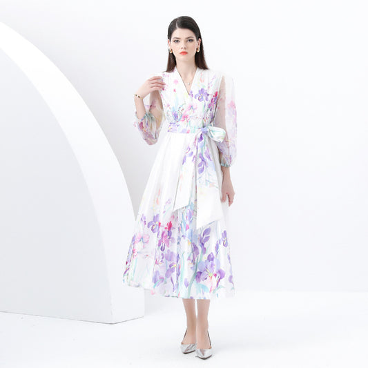 style New Popular trade women's fashion printed dress, socialite waist lantern sleeve big swing elegant long dress