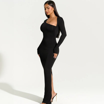 LOVEVOP  style women's clothing  summer new sexy Spice Girls slim and thin long-sleeved diagonal neck rear split dress