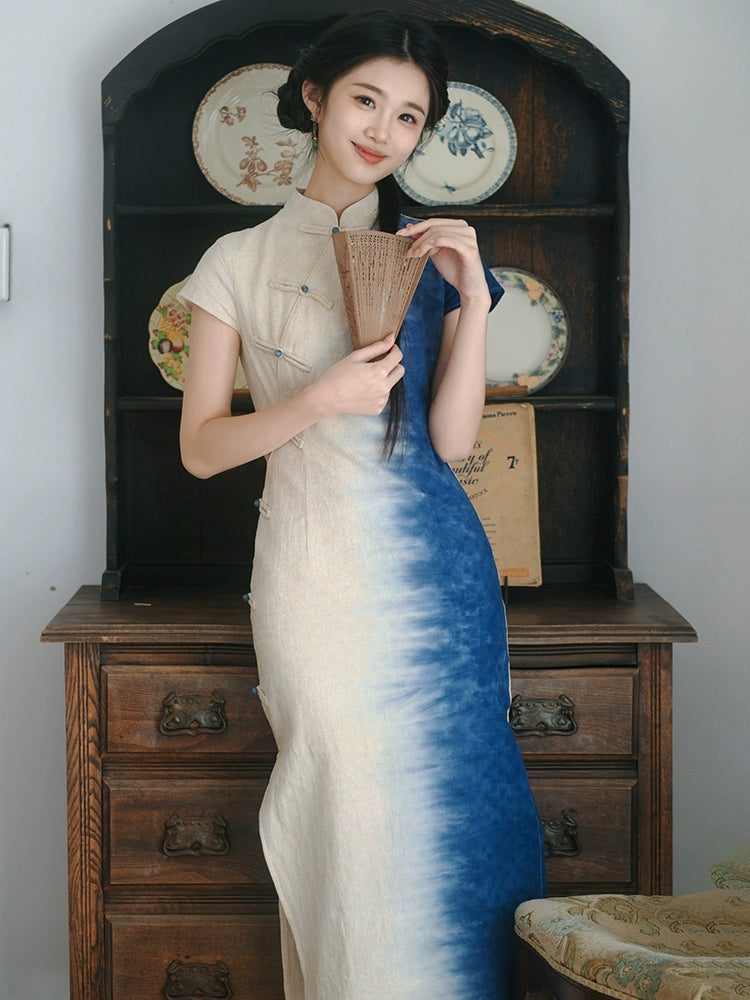 Republic of China style women's clothing new Chinese style beautiful cheongsam women daily can wear elegant gradual change blue retro cotton and linen dress