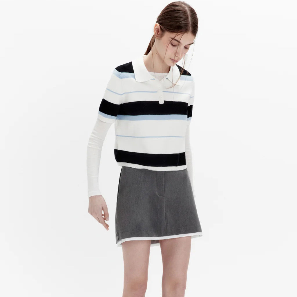 knitted POLO neck T-shirt women's  summer thin lapel collar Popular style design sense niche T-shirt top women's new