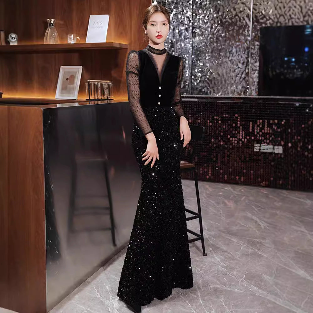 2025 new black evening dress style atmosphere banquet fishtail vocal dress art test long sleeve host temperament