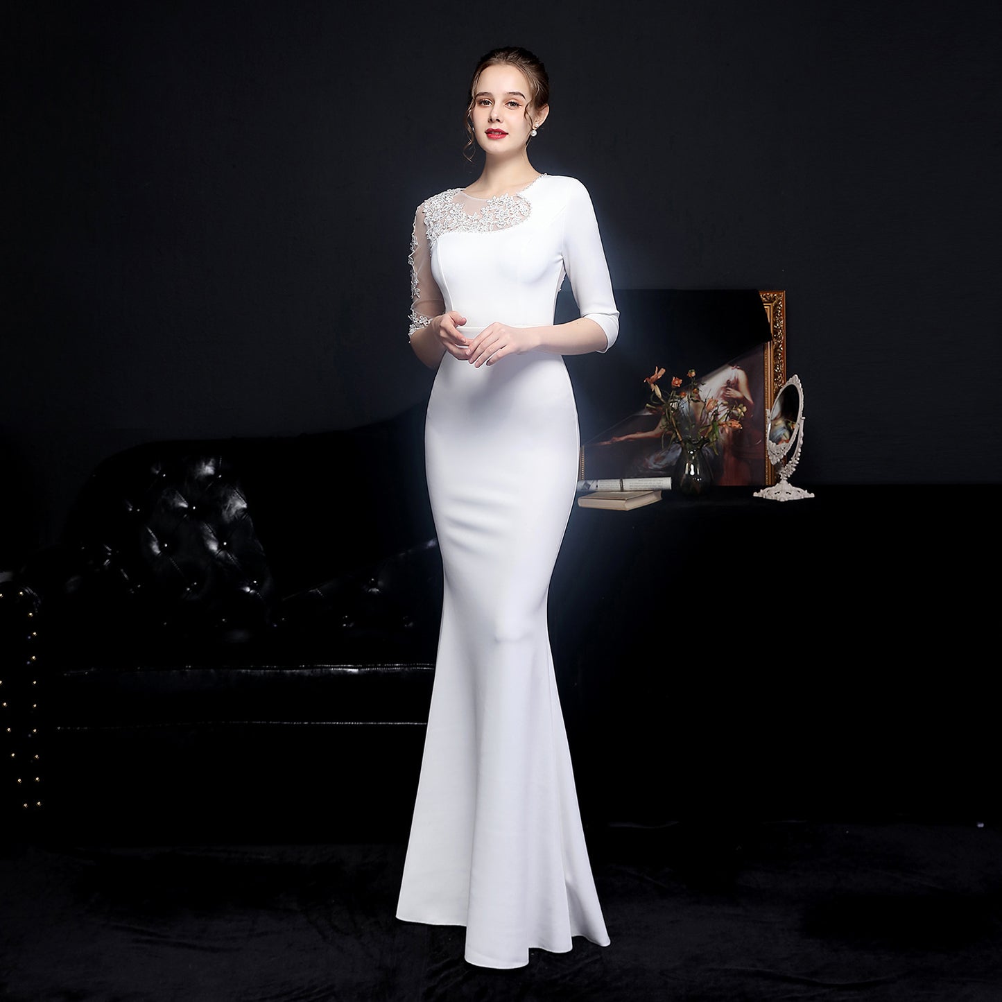 18586 #Full-craft lace ironing Popularan diamond toast dress bride long-sleeved thank you banquet fish tail evening dress