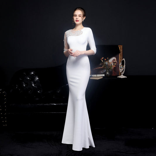 18586 #Full-craft lace ironing Popularan diamond toast dress bride long-sleeved thank you banquet fish tail evening dress