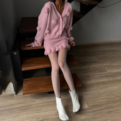 Hot trade New flower gentle temperament knitted sweater women's  niche temperament  flower skirt set