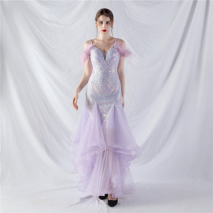 31983 #New craft order ostrich hair hard mesh positioning flower beads splicing mesh yarn dance performance dress skirt