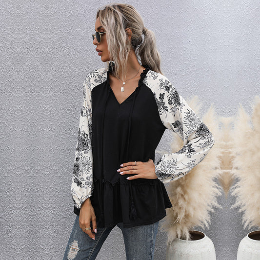 LOVEVOP New Cross-border Hot Trade 2025 Style Casual Top Loose Splicing Long Sleeve V-Neck Black Doll T-Shirt