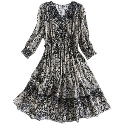 2025 High-end court print silk dress V-neck lace mulberry silk skirt black medium and long dress women's summer