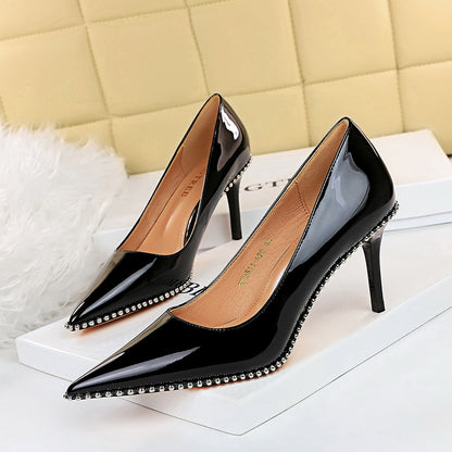 2025 9611-2  sexy super high heel retro metal chain rivet patent leather shallow mouth pointed high heels women's single shoes
